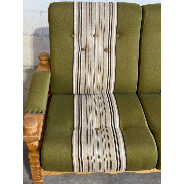 Vintage Danish Oak Sofa in Style of Henning Kjærnulf Green Striped Upholstery Mid Century For Sale - Image 4 of 10