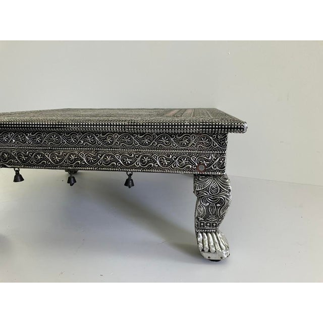 1970s 1970s Vintage Indian Pooja Table – Embossed Metal Altar Stand With Ornate Detail For Sale - Image 5 of 5
