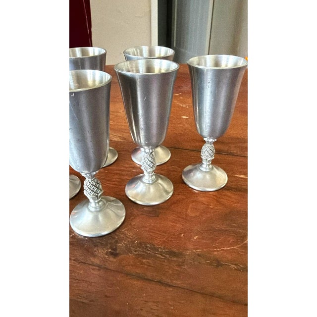Silver Vintage Mid-Century Modern Pewter Cordials Elegant Dining Barware Entertaining - Set of 6 For Sale - Image 8 of 8