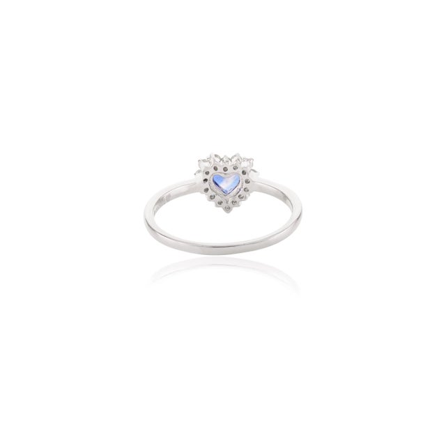Metal 14k White Gold Genuine Heart Cut Blue Sapphire Halo Diamond Promise Ring Size 7 For Sale - Image 7 of 13