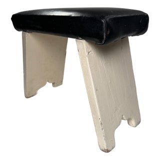 Vintage Primitive Americana Leather and Wood Decorative Low Stool, Black and Off-White For Sale