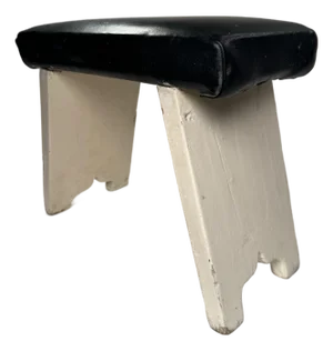 Vintage Primitive Americana Leather and Wood Decorative Low Stool, Black and Off-White