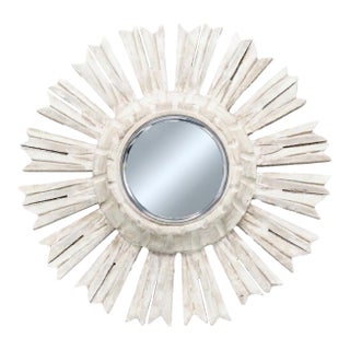 Organic White-Washed Carved Wood Sunburst Mirror For Sale