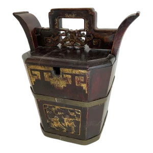 Antique Chinese Carved and Gilt Covered Wooden Basket or Lunch Box