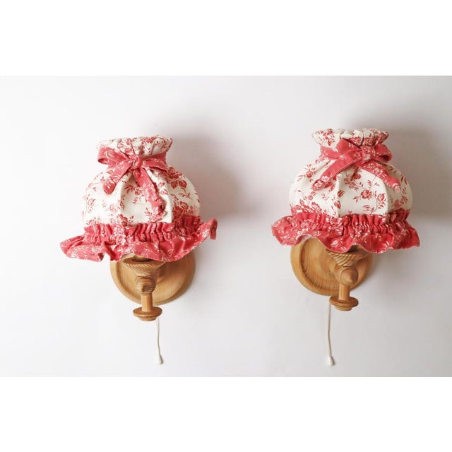 Swedish Pinewood Wall Lamps with Floral Textile Shades, 1970s, Set of 2 For Sale - Image 11 of 18