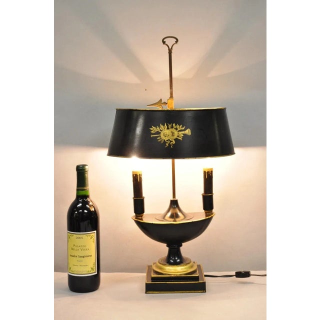Antique French Empire Black & Gold Hand Painted Tole Metal Urn Form Bouillotte Candlestick Table Lamp with Shade. Circa...