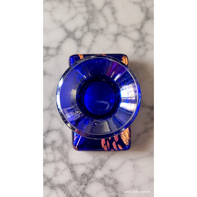 Blue Murano Style Cobalt Blue Glass Vase With Gold Flecks – Mid Century Modern Decorative Accent For Sale - Image 8 of 11