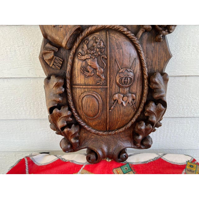 Antique French Gothic Wall Plaque Coat of Arms Carved Oak Renaissance C1890 For Sale - Image 9 of 18