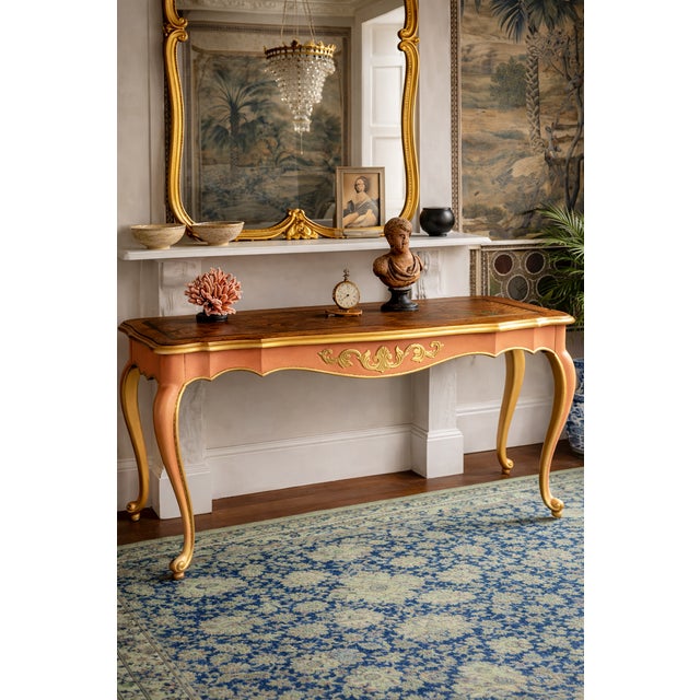 Rococo 1960s Blush & Gilded Italian Rococo Console Table For Sale - Image 3 of 11