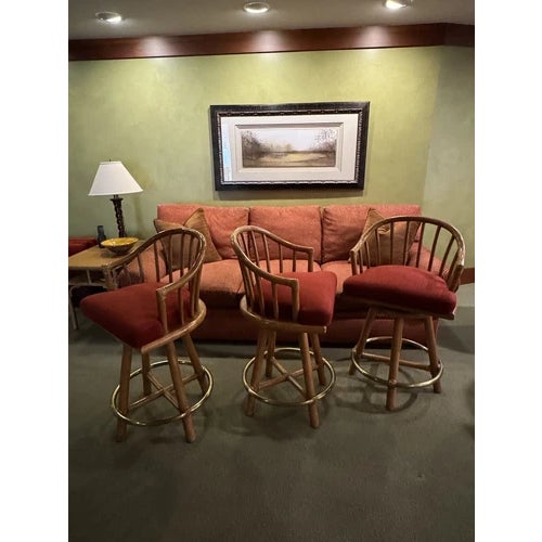 Wood 1960s Set of Three Vintage McGuire Upholstered Bar Stools For Sale - Image 7 of 11