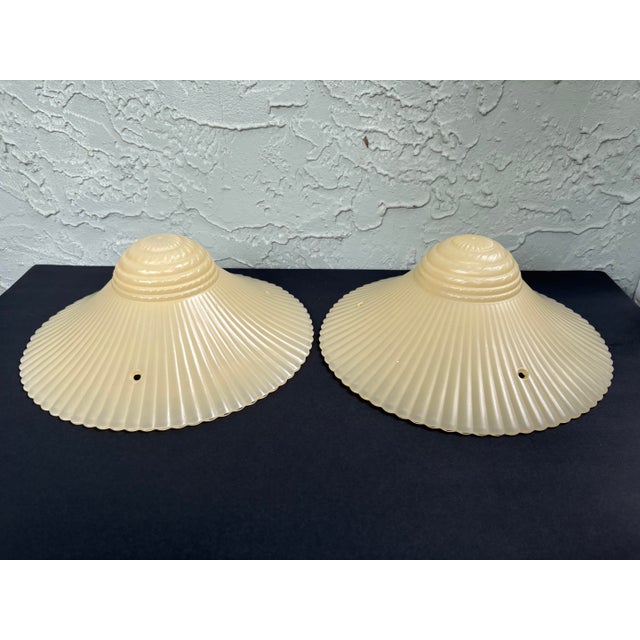 Art Deco Vintage Art Deco Ivory Opalescent Ribbed Glass Pendant Light Shades, Three-Chain Ceiling Fixture Shades - a Pair For Sale - Image 3 of 12