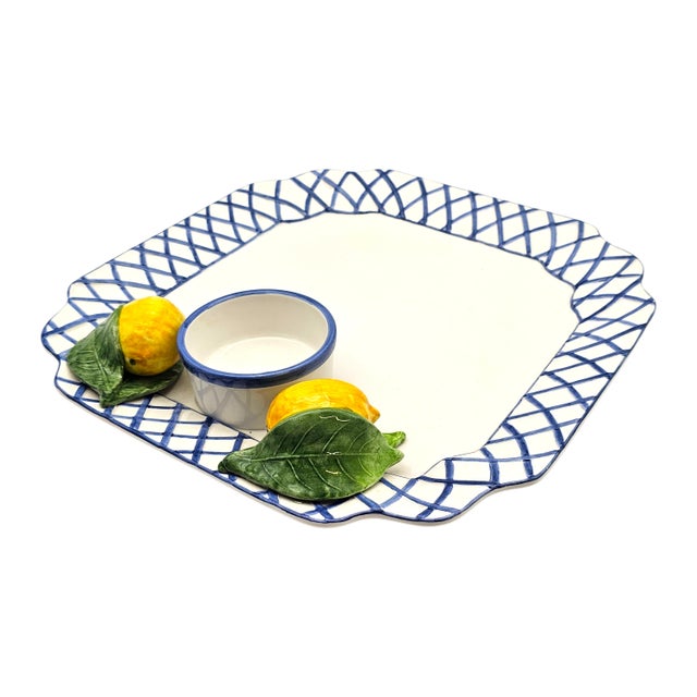 Italian Lemon Ceramic Serving Tray With Blue Lattice Rim 15" For Sale - Image 10 of 14