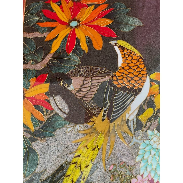 Vintage Lava Stone Cloisonné Painting Pair, Gold Wire Inlay With Birds & Floral For Sale - Image 6 of 9