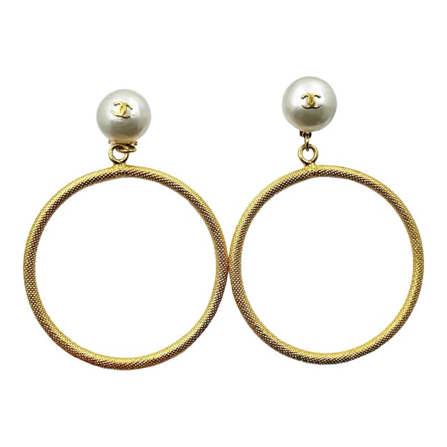 Vintage Chanel Gold Plated CC Pearl Large Hoop Dangle Clip