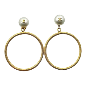 Vintage Chanel Gold Plated CC Pearl Large Hoop Dangle Clip on Earrings - 2 Pieces
