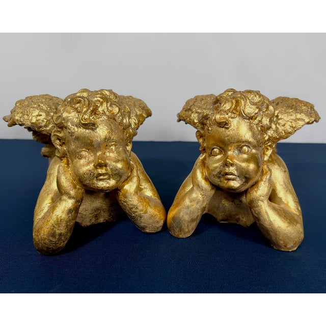 Plastic Set of 3 Vintage Hollywood Regency Gilded Cherub Putti Sculptures - Cast Composite Angels For Sale - Image 7 of 9