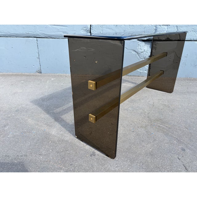 1970s Mid Century Modern Dark Glass and Brass Console Table, Sofa Table For Sale - Image 10 of 16