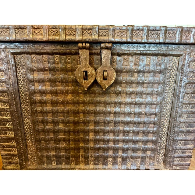 Huge Antique 19th Century Wood & Wrought Iron Damchiya Dowery Chest. This Impressive Chest Rests On Wooden Wheels And Has...