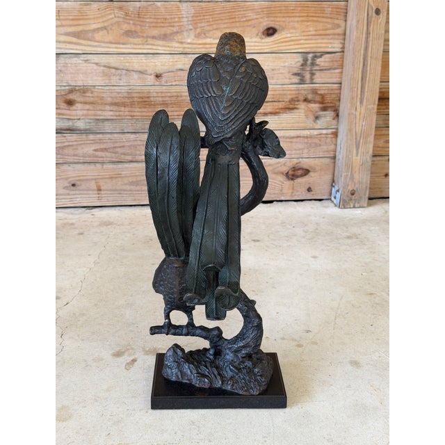 Metal Large Sculptural Tropical Parrot Figure | Patinated Bronze-Tone Bird Sculpture For Sale - Image 7 of 12
