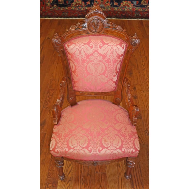 Pair of Jelliff Victorian 19th Century Walnut Carved Damask Fabric Side Chairs For Sale - Image 9 of 12