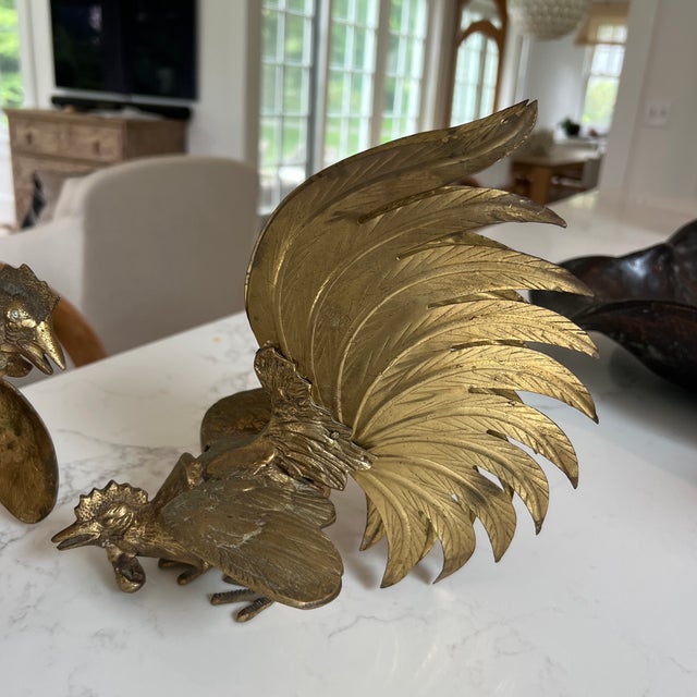 Vintage Mid Century Brass Fighting Roosters- A Pair For Sale - Image 4 of 6