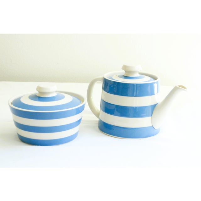 Handmade in England Striped Stonware Cornishware Teapot/Butter Dish For Sale In Los Angeles - Image 6 of 9