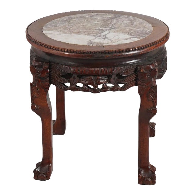 Early 20th Century Chinese Deeply Carved Hardwood & Inset Marble Round Plant Stand For Sale