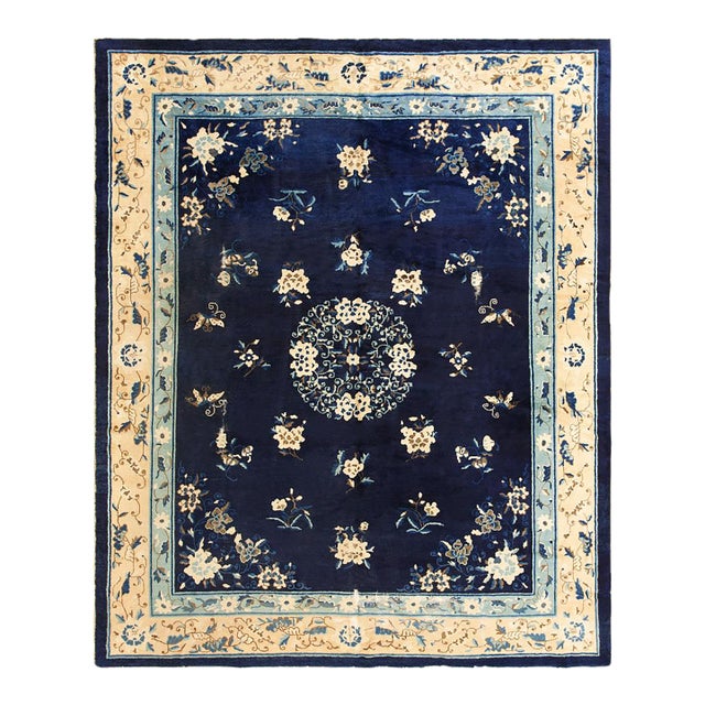 1920s Blue Navy Floral Medallion Deco Oriental Antique Peking Chinese Rug For Sale