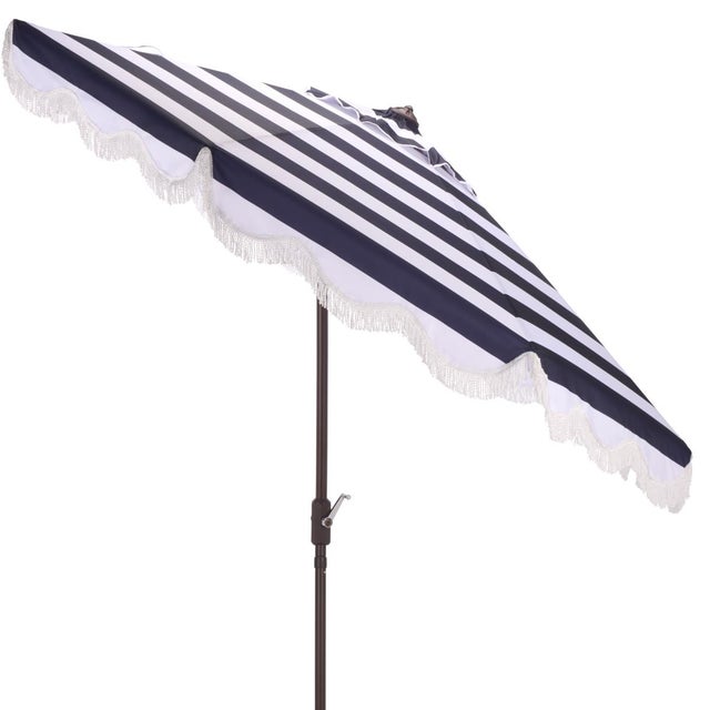 Navy Blue Lucerna 9 Ft Crank Umbrella, Navy Stripe/Brown Pole For Sale - Image 8 of 9