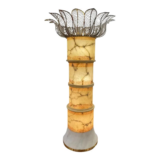 Late 20th Century Italian Alabaster, Marble, Brass & Crystal Palm Tree Floor Lamp For Sale