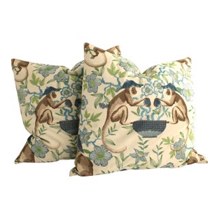 Pair of P. Kauffman Cheeky Monkey Island Embroidered Pillows, Down Filled, 20x20” For Sale
