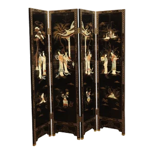 Asian Decorated Black Lacquer Four-Panel Folding Screen