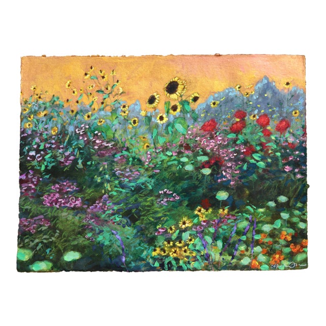 Golden Hour - Original Gold and Green Landscape Mixed Media Work on Handmade Paper by Michaela Jean For Sale