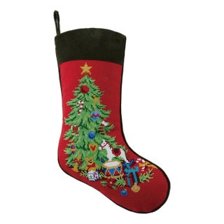 Red Christmas Tree Embroidered Needlepoint Stocking For Sale