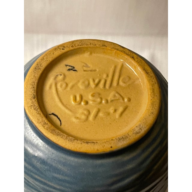 Vintage Roseville Pottery Bushberry Blue Asymetrical Art Deco Vase #31-7" For Sale - Image 10 of 12