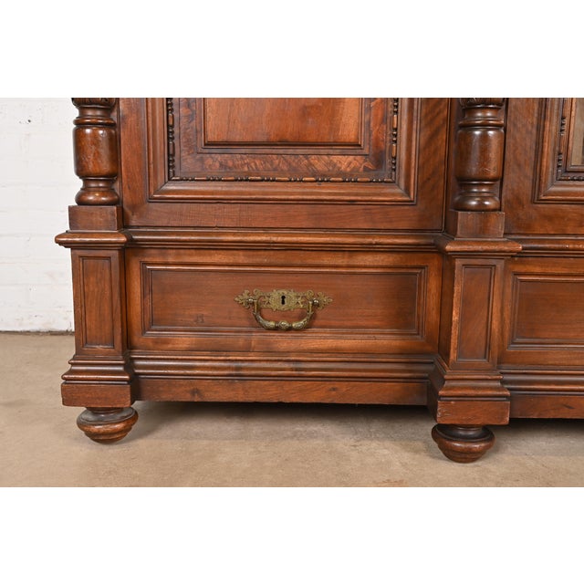 Herter Brothers Style Monumental Antique Eastlake Victorian Carved Walnut and Burl Wood Triple Bookcase Cabinet For Sale - Image 10 of 13
