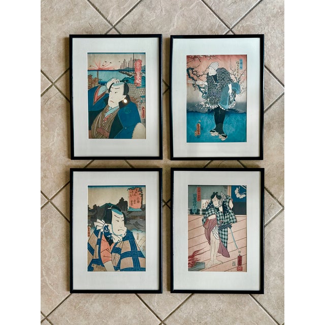 Traditional Four Framed Woodblock Prints by Utagawa Kunisada Edo Period For Sale - Image 3 of 12