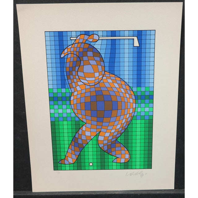 1980s Op-Art Victor Vasarely the Golfer LTD Serigraph, Hand Signed Art LTD Green Blue For Sale - Image 5 of 8
