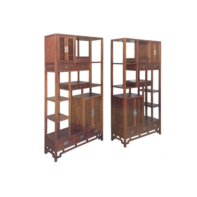 Pair Asian Inspired Asymmetrical Light Brown Shelving Display Cabinet Divider For Sale In San Francisco - Image 6 of 13