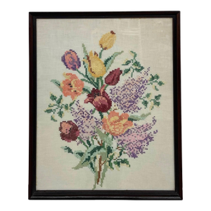 Vintage Framed Floral Cross-Stitch Textile Art - Hand-Embroidered Needlework in Wooden Frame.