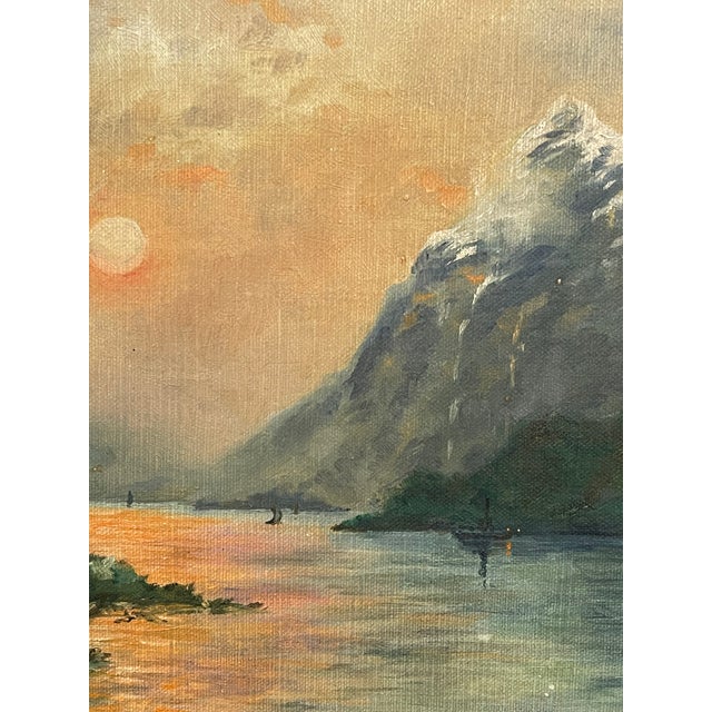 Wood Vintage Framed Mountain Landscape Painting, Snow-Capped Peaks at Sunset, Mid-Century Scenic Wall Art. For Sale - Image 7 of 9