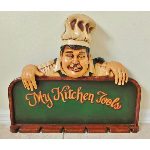 Wonderful large vintage circa 1980s figural chef "My Kitchen Tools" kitchen utensil holder. Large wall sign with a figural...