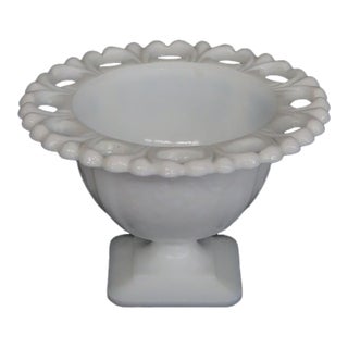 Mid 20th Century Indiana Glass White Milk Glass Open Laced Edge Pedestal Compote Candy Dish For Sale