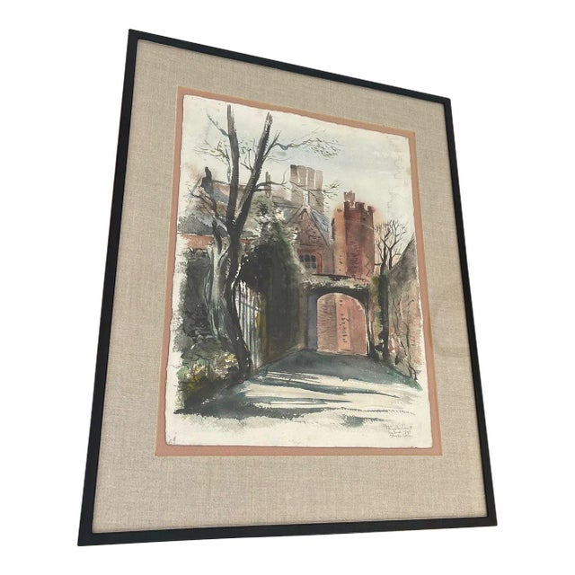 Vintage Original Signed Watercolor Painting Titled “ Hampton Court “ by English Artist 1943., Framed For Sale