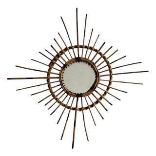 Vintage Rattan Sun Mirror, 1950s For Sale