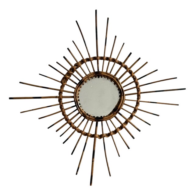 Vintage Rattan Sun Mirror, 1950s For Sale