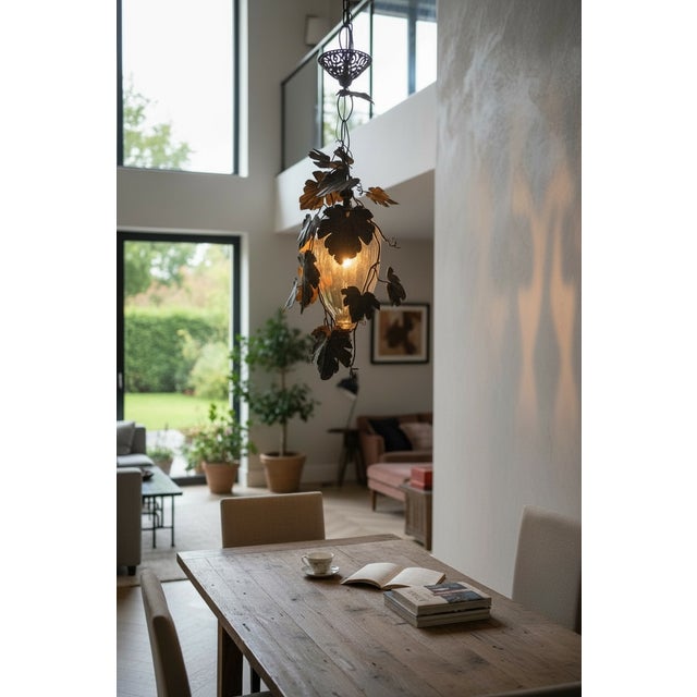 Murano Glass Lantern with Wrought Iron Vine Leaves, 1950s For Sale - Image 4 of 7