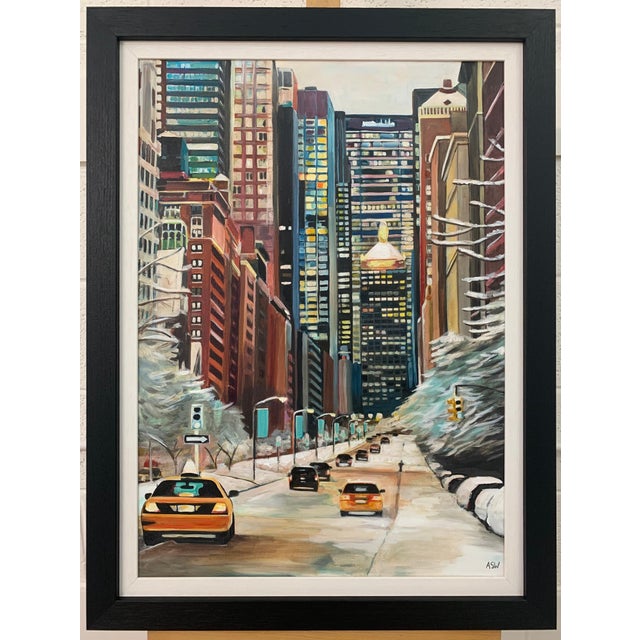 Burgundy Angela Wakefield, Painting of New York City Taxis in Winter Snow by Contemporary British Artist, 2020 For Sale - Image 8 of 13