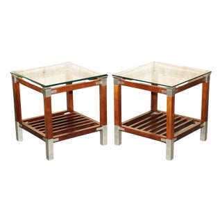 Vintage Hardwood Pewter and Glass Side Tables by Pierre Vandel, Set of 2 For Sale