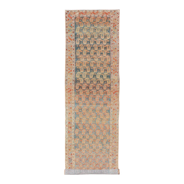 Long Antique Hand-Knotted Persian Malayer Runner in Wool With All-Over Design For Sale